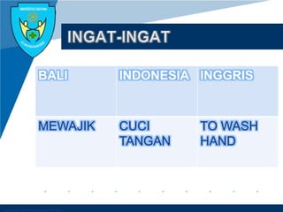 Company LOGO
BALI INDONESIA INGGRIS
MEWAJIK CUCI
TANGAN
TO WASH
HAND
 