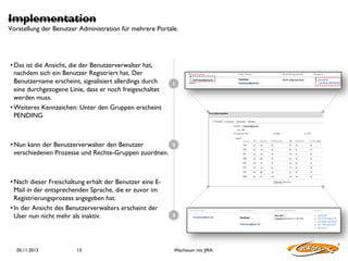 Implementation

Vorstellung der Benutzer Administration für mehrere Portale.

• Das ist die Ansicht, die der Benutzerverwalter hat,
nachdem sich ein Benutzer Registriert hat. Der
Benutzername erscheint, signalisiert allerdings durch
1	

eine durchgezogene Linie, dass er noch freigeschaltet
werden muss.	

• Weiteres Kennzeichen: Unter den Gruppen erscheint
PENDING	

	

	

2	

• Nun kann der Benutzerverwalter den Benutzer
verschiedenen Prozesse und Rechte-Gruppen zuordnen.	

	

• Nach dieser Freischaltung erhält der Benutzer eine EMail in der entsprechenden Sprache, die er zuvor im
Registrierungsprozess angegeben hat.	

• In der Ansicht des Benutzerverwalters erscheint der
User nun nicht mehr als inaktiv.	


3	


TestUser@test.de

TestUser@test.de

TestUser
TestUser@test.de

TestUser
TestUser@test.de

05.11.2013

13

Wachstum mit JIRA

 