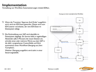 Implementation

Vorstellung von Workflow Automatisierungen mittels EDIfact.
Auszug aus einem exemplarischen Workflow

1	


Wenn die Transition 'Approve And Order' ausgeführt
wird, wird ein EDI Event geworfen. Dieses wird vom
EDI-Listener verarbeitet, der eine EDI-Datei im
Dateisystem ablegt.	


2	


Die Rückmeldung vom SAP wird ebenfalls im
Dateisystem abgelegt. Ein Service ließt in regelmäßigen
Abständen (alle 5 Minuten) die neuen Dateien ein,
schreibt einen oder mehrere Werte aus dem SAP in
die dafür vorgesehenen Customﬁelds und führt
automatisch einen Workﬂow-Übergang aus (hier:
'Complete'). 	

Welcher Übergang ausgeführt wird steht in einer
Steuerungstabelle.	

	


05.11.2013

17

1	


2	


Wachstum mit JIRA

 
