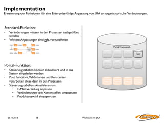 Implementation

Erweiterung der Funktionen für eine Enterprise-fähige Anpassung von JIRA an organisatorische Veränderungen.

Standard-Funktion:
• 
• 

Veränderungen müssen in den Prozessen nachgebildet
werden
Weitere Anpassungen sind ggfs. vorzunehmen
3

4

Screen
Scheme

Screen

Issue Type

7

Notification
Scheme

Notification

Permission
Scheme

Issue Screen
Type Scheme

Permission

Issue Security
Scheme

Security Level

Portal Framework	

	


1
6

2

Workflow

Work Flow
Scheme

Project
•  53 produktiv
•  25 noch zu
löschen

5

System 
Custom Fields

Field
Configuration

Field
Configuration
Scheme

8

User	

Management	


• 
• 
• 

05.11.2013

18

Wachstum mit JIRA

Control	

Tables	


Deployment	

Tool	


Dynamic	

Searches	


Status	

Handler	


Service	

Request	


Steuerungstabellen können aktualisiert und in das
System eingeladen werden
Post Functions,Validationen und Konstanten
verarbeiten diese dann in den Prozessen
Steuerungstabellen aktualisieren um:
•  E-Mail-Verteilung anpassen
•  Veränderungen von Kostenstellen umzusetzen
•  Produktauswahl einzugrenzen

Application	

Interface	


Master Data	

Handler	


Portal-Funktion:

Translation	

Management	


Incident	

Workﬂow	


Change	

Request	


...	


 
