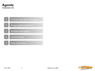 Agenda

Inhaltsübersicht

1	
  

Zielsetzung	
  des	
  Vortrages	
  

2	
  

Ausgangssitua4onen	
  

3	
  

Ausbau-­‐Konzepte	
  

4	
  

Infrastruktur	
  

5	
  

Pros	
  und	
  Cons	
  

05.11.2013

2

Wachstum mit JIRA

 