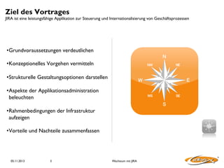 Ziel des Vortrages

JIRA ist eine leistungsfähige Applikation zur Steuerung und Internationalisierung von Geschäftsprozessen

• Grundvoraussetzungen verdeutlichen	

• Konzeptionelles Vorgehen vermitteln	

• Strukturelle Gestaltungsoptionen darstellen	

• Aspekte der Applikationsadministration
beleuchten	

• Rahmenbedingungen der Infrastruktur
aufzeigen	

• Vorteile und Nachteile zusammenfassen	


05.11.2013

3

Wachstum mit JIRA

 