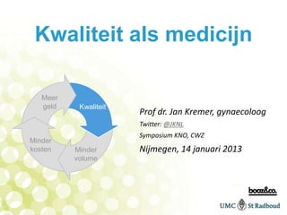 Kwaliteit als medicijn

   Meer
   geld    Kwaliteit
                       Prof dr. Jan Kremer, gynaecoloog
                       Twitter: @JKNL
                       Symposium KNO, CWZ
Minder
kosten    Minder       Nijmegen, 14 januari 2013
          volume
 