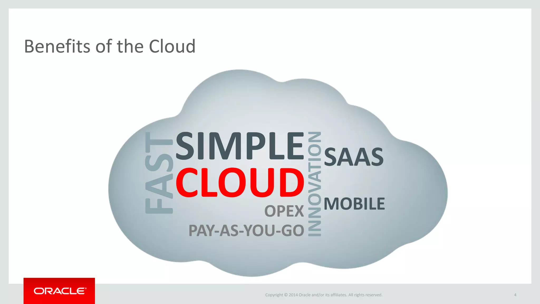 Copyright © 2014 Oracle and/or its affiliates. All rights reserved. 
Benefits of the Cloud 
4  