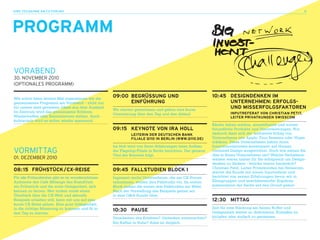 ihre teilnahme am CX-FOrUm 3                                                                                                                               5




PROGRaMM

VoRaBEND
30. NoVEMBER 2010
(optioNalEs pRoGRaMM)

Wie schon beim letzten Mal organisieren wir ein
                                                   09:00 BEGRüSSUNG UNd                                   10:45 dESIGNdENKEN IM
gemeinsames Programm am Vorabend – nicht nur             EINFühRUNG                                             UNTERNEhMEN: ERFOlGS-
für unsere weit gereisten Gäste aus dem Ausland.
                                                   Wir starten gemeinsam und geben eine kurze
                                                                                                                UNd MISSERFOlGSFaKTOREN
Im Zentrum wird das gemeinsame Erlebnis,                                                                           INPUTREFERaT VON ChRISTIaN PETIT,
                                                   Orientierung über den Tag und den Ablauf.
Wiedertreffen oder Kennenlernen stehen. Auch                                                                       lEITER PRIVaTKUNdEN SwISSCOM
kulinarisch wird es sicher wieder spannend.
                                                                                                          Käufer lieben schöne, sinnstiftende und nutzer-
                                                   09:15 KEyNOTE VON IRa hOll                             freundliche Produkte und Dienstleistungen. Nur
                                                             lEITERIN dER dEUTSChEN BaNK                  dadurch lässt sich der weltweite Erfolg von
                                                             FIlIalE q110 IN BERlIN (www.q110.dE)         Unternehmen wie Apple, Four Seasons oder Virgin
                                                                                                          erklären. Diese Unternehmen haben ihren
                                                   Ira Holl wird von Ihren Erfahrungen beim Aufbau        Innovationsprozess konsequent auf Human
VoRMittaG                                          der Flagship-Filiale in Berlin berichten. Der genaue
                                                   Titel der Keynote folgt.
                                                                                                          Centered Design ausgerichtet. Doch wie setzen Sie
                                                                                                          dies in Ihrem Unternehmen um? Welche Verhaltens-
01. DEZEMBER 2010                                                                                         weisen waren bisher für Sie erfolgreich um Design-
                                                                                                          denken zu fördern - welche waren hinderlich?
                                                                                                          Christian Petit, Leiter Privatkunden bei Swisscom,
08: 15 FRühSTüCK /CX-REISE                         09:45 FallSTUdIEN BlOCK I                              startet die Runde mit einem Inputreferat und
Für alle Frühaufsteher gibt es im wunderschönen    Ingesamt sechs Unternehmen, die am CX-Forum            berichtet von seinen Erfahrungen bevor wir in
Ambiente des Café Mélange des BrandGym             teilnehmen, stellen ihre Fallstudie vor. Im ersten     Kleingruppen und anschliessender Ergebnis-
ein Frühstück und die erste Gelegenheit, sich      Block stehen die ersten drei Fallstudien zur Wahl.     präsentation der Sache auf den Grund gehen.
kennen zu lernen. Wer zudem vorab einen            Nach der Vorstellung des Beispiels gehen wir
Überblick über die CX-Welt und aktuelle            in eine Q&A Runde über.
Beispiele erhalten will, kann mit uns auf eine                                                            12:30 MITTaG
kurze CX-Reise gehen. Eine gute Gelegenheit,
in die richtige Stimmung zu kommen und fit in                                                             Zeit für eine Stärkung am feinen Buffet und
                                                   10:30 PaUSE                                            Gelegenheit weiter zu diskutieren, Kontakte zu
den Tag zu starten.
                                                   Verarbeiten des Erlebten? Gedanken austauschen?        knüpfen oder einfach zu geniessen.
                                                   Ein Kaffee in Ruhe? Alles ist möglich.
 