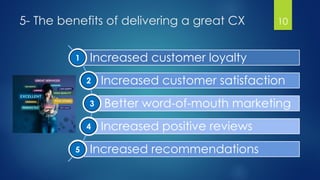 5- The benefits of delivering a great CX
Increased customer loyalty
Increased customer satisfaction
Better word-of-mouth marketing
Increased positive reviews
Increased recommendations
10
1
2
3
4
5
 