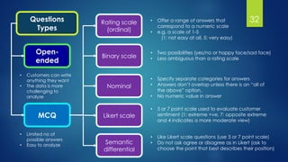 32• Offer a range of answers that
correspond to a numeric scale
• e.g. a scale of 1-5
(1: not easy at all, 5: very easy)
• Two possibilities (yes/no or happy face/sad face)
• Less ambiguous than a rating scale
• Specify separate categories for answers
• Answers don’t overlap unless there is an “all of
the above” option.
• No numeric value in answer
• 5 or 7 point scale used to evaluate customer
sentiment (1: extreme +ve, 7: opposite extreme
and 4 indicates a more moderate view)
• Like Likert scale questions (use 5 or 7 point scale)
• Do not ask agree or disagree as in Likert (ask to
choose the point that best describes their position)
Rating scale
(ordinal)
Binary scale
Nominal
Likert scale
Semantic
differential
• Customers can write
anything they want
• The data is more
challenging to
analyze
• Limited no of
possible answers
• Easy to analyze
Questions
Types
MCQ
Open-
ended
 