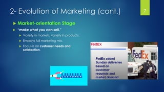 2- Evolution of Marketing (cont.)
 Market-orientation Stage
 “make what you can sell.”
 Variety in markets, variety in products.
 Employs full marketing mix.
 Focus is on customer needs and
satisfaction.
7
 
