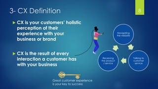 3- CX Definition
 CX is your customers’ holistic
perception of their
experience with your
business or brand
 CX is the result of every
interaction a customer has
with your business
Navigating
the website
Talking to
customer
service
Receiving
the product
/ service
Great customer experience
is your key to success
8
 