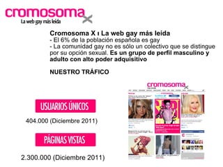 Cromosoma X ı La web gay más leída - El 6% de la población española es gay - La comunidad gay no es sólo un colectivo que se distingue por su opción sexual.  Es un grupo de perfil masculino y adulto con alto poder adquisitivo NUESTRO TRÁFICO 404.000 (Diciembre 2011) 2.300.000 (Diciembre 2011) 