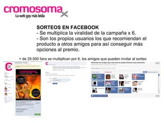 SORTEOS EN FACEBOOK - Se multiplica la viralidad de la campaña x 6. - Son los propios usuarios los que recomiendan el producto a otros amigos para así conseguir más opciones al premio. + de 29.500 fans se multiplican por 6, los amigos que pueden invitar al sorteo 