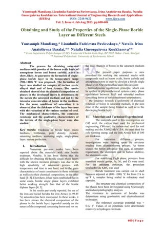 Youssouph Mandiang, Lioudmila Fadeievna Pavlovskaya, Irina Anatolievna Basalai, Natalia
Gueorguievna Koukhareva / International Journal of Engineering Research and Applications
(IJERA) ISSN: 2248-9622 www.ijera.com
Vol. 3, Issue 4, Jul-Aug 2013, pp.600-604
600 | P a g e
Obtaining and Study of the Properties of the Single-Phase Boride
Layer on Different Steels
Youssouph Mandiang,* Lioudmila Fadeievna Pavlovskaya,* Natalia Irina
Anatolievna Basalai,** Natalia Gueorguievna Koukhareva**
* Ecole Supérieure Polytechnique (E.SP), Université Cheikh Anta Diop, BP 5085 Dakar- Fann, Sénégal.
** National Polytechnic University of Byelorussia, Minsk
Abstract
The process for obtaining saturated
mediums with powder of the boron oxide basis, of
amorphous boron and boron carbide, witch is
show, likely, to guarantee the formation of single-
phase boride layer in the temperature range
(700–1100) °C was proposed. The formation of
layer was studied on samples of carbon steels,
alloyed steel and of iron Armco. The results
obtained showed that the chemical composition of
phases in the developed layers is determined by
the nature the saturated medium and not by the
intensive concentration of boron in the medium.
For the same conditions of saturation it is
observed that the thickness of the layer increases
with the reduction of the carbon content of steel.
The mechanical characteristics, the corrosion
resistance and the qualitative characteristics of
the texture of the single-phase layer were also
studied.
Key words: Thickness of boride layer, micro
hardness, brittleness, pole density, powder,
saturating medium, scattering angle, single-phase
layer, texture perfection.
I. Introduction
Numerous previous works have been
reported about the materials with skin boride
treatment. Notably, it has been shown that the
difficult for obtaining the boride single phase layers
with the known mixtures powders was due to the
high sensibility of saturation process with
temperature and time in one hand, and to the grain
characteristics of main constituents in those mixtures
as well as to their chemical composition, in the other
hand [1–3]. Elsewhere, it has been established that in
some cases, boride single phase layers exhibited
better working strength than that of the boride
diphase layers [4, 5].
In the results previously reported, the use of
the iron and nickel borides for iron Armco ( 99.85
%) saturation has been mentioned. In these works, it
has been shown the chemical composition of the
phases in the boride layer depended mainly on the
nature of the compound containing boron and not on
the mass fraction of boron in the saturated medium
[6].
The present paper purposes a new
procedure for working out saturated media with
compounds such as boron oxide, boron carbide and
amorphous boron in order to develop a boride single
phase layer. Our method has taken into account:
- thermodynamic equilibrium principle, which can
be applied in physicochemical systems case;- phase
equilibrium between Fe2B and saturated medium
containing boron at boride treatment temperatures;
- the tendency towards a uniformity of chemical
potential of boron in saturated medium, in the skin
zone of the sample being treated as well as in the
developing boride layer.
II. Materials and Technical Experimental
The materials used in this investigation are
C42 steel, the carbon steel used for mechanical
engineering, C80 steel, the carbon steel used for tool
making and the X160CrMoV13-8, the steel used for
cold forming stamp, and the iron Armco foil of 100
m thickness.
For saturation diffusion process,
investigations were bearing upon the mixtures
resulted from aluminothermy process. As boron
source, the boron anhydride was used, as repeater-
regenerator, the aluminum and as ballast additive,
the aluminum oxide.
For stabilizing Fe2B phase, powders from
transition metals group, Fe, Ni, and Cr were used.
For the mixtures enhancer, the potassium
terafluoboride KBF4 was used
Boride treatment was carried out in shaft
furnaces adjusted at (800–1000) °C for from 2 h to
up 8 h, samples being sealed in refractory steel
capsules.
The structure and chemical composition of
the phases have been investigated using Microscopy
and radiocrystallography analysis.
The resistance to corrosion of borides was
determinate using gravimetric and electrochemical
techniques.
The reference electrode potential was +
0.02 V. Values of all potentials were determinate
relatively to hydrogen electrode.
 