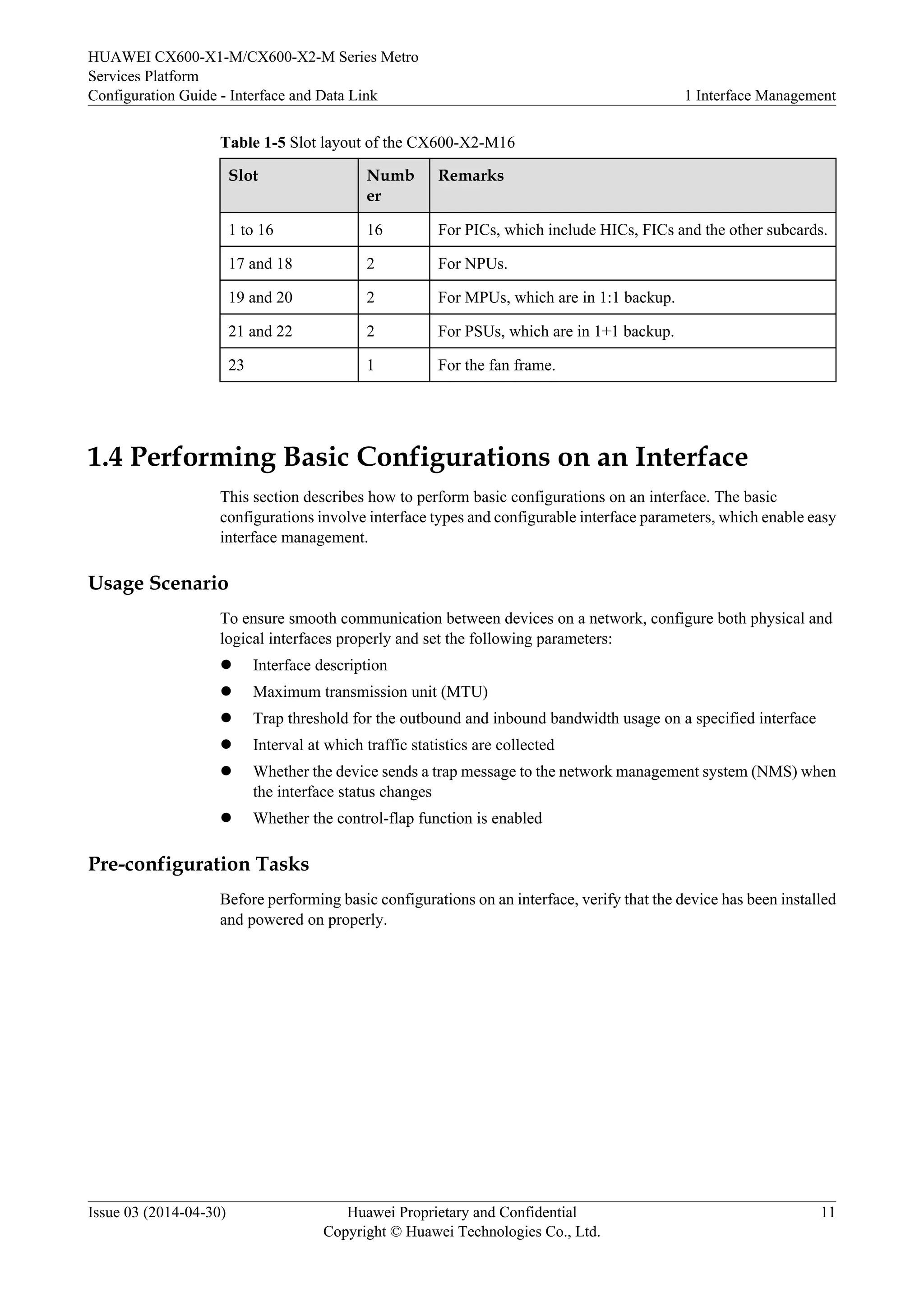 HUAWEI CX600-X1-M/CX600-X2-M Series Metro 
Services Platform 
Configuration Guide - Interface and Data Link 1 Interface Management 
Table 1-5 Slot layout of the CX600-X2-M16 
Slot Numb 
er 
Remarks 
1 to 16 16 For PICs, which include HICs, FICs and the other subcards. 
17 and 18 2 For NPUs. 
19 and 20 2 For MPUs, which are in 1:1 backup. 
21 and 22 2 For PSUs, which are in 1+1 backup. 
23 1 For the fan frame. 
1.4 Performing Basic Configurations on an Interface 
This section describes how to perform basic configurations on an interface. The basic 
configurations involve interface types and configurable interface parameters, which enable easy 
interface management. 
Usage Scenario 
To ensure smooth communication between devices on a network, configure both physical and 
logical interfaces properly and set the following parameters: 
l Interface description 
l Maximum transmission unit (MTU) 
l Trap threshold for the outbound and inbound bandwidth usage on a specified interface 
l Interval at which traffic statistics are collected 
l Whether the device sends a trap message to the network management system (NMS) when 
the interface status changes 
l Whether the control-flap function is enabled 
Pre-configuration Tasks 
Before performing basic configurations on an interface, verify that the device has been installed 
and powered on properly. 
Issue 03 (2014-04-30) Huawei Proprietary and Confidential 
Copyright © Huawei Technologies Co., Ltd. 
11 
 