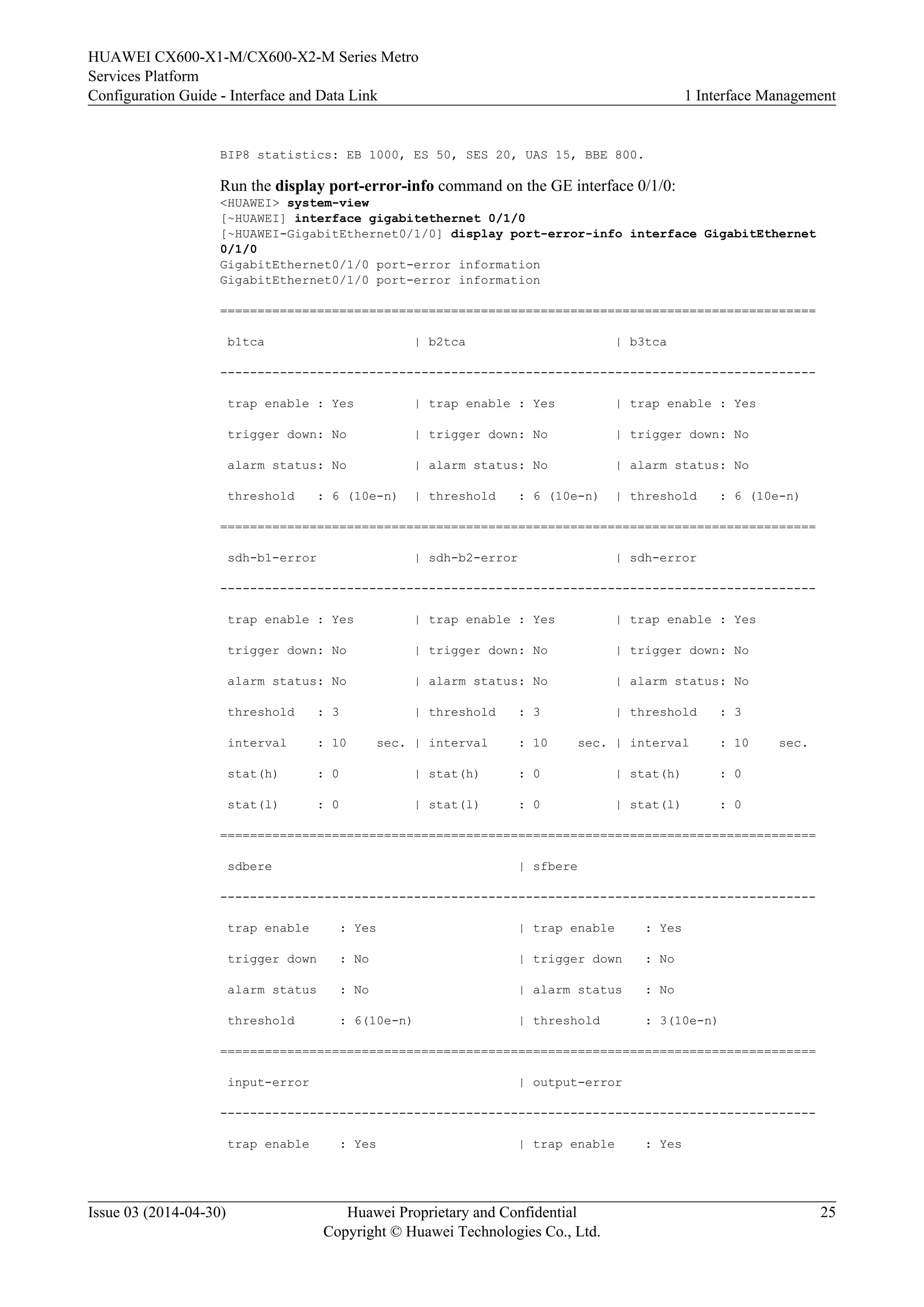 HUAWEI CX600-X1-M/CX600-X2-M Series Metro 
Services Platform 
Configuration Guide - Interface and Data Link 1 Interface Management 
BIP8 statistics: EB 1000, ES 50, SES 20, UAS 15, BBE 800. 
Run the display port-error-info command on the GE interface 0/1/0: 
<HUAWEI> system-view 
[~HUAWEI] interface gigabitethernet 0/1/0 
[~HUAWEI-GigabitEthernet0/1/0] display port-error-info interface GigabitEthernet 
0/1/0 
GigabitEthernet0/1/0 port-error information 
GigabitEthernet0/1/0 port-error information 
================================================================================ 
b1tca | b2tca | b3tca 
-------------------------------------------------------------------------------- 
trap enable : Yes | trap enable : Yes | trap enable : Yes 
trigger down: No | trigger down: No | trigger down: No 
alarm status: No | alarm status: No | alarm status: No 
threshold : 6 (10e-n) | threshold : 6 (10e-n) | threshold : 6 (10e-n) 
================================================================================ 
sdh-b1-error | sdh-b2-error | sdh-error 
-------------------------------------------------------------------------------- 
trap enable : Yes | trap enable : Yes | trap enable : Yes 
trigger down: No | trigger down: No | trigger down: No 
alarm status: No | alarm status: No | alarm status: No 
threshold : 3 | threshold : 3 | threshold : 3 
interval : 10 sec. | interval : 10 sec. | interval : 10 sec. 
stat(h) : 0 | stat(h) : 0 | stat(h) : 0 
stat(l) : 0 | stat(l) : 0 | stat(l) : 0 
================================================================================ 
sdbere | sfbere 
-------------------------------------------------------------------------------- 
trap enable : Yes | trap enable : Yes 
trigger down : No | trigger down : No 
alarm status : No | alarm status : No 
threshold : 6(10e-n) | threshold : 3(10e-n) 
================================================================================ 
input-error | output-error 
-------------------------------------------------------------------------------- 
trap enable : Yes | trap enable : Yes 
Issue 03 (2014-04-30) Huawei Proprietary and Confidential 
Copyright © Huawei Technologies Co., Ltd. 
25 
 