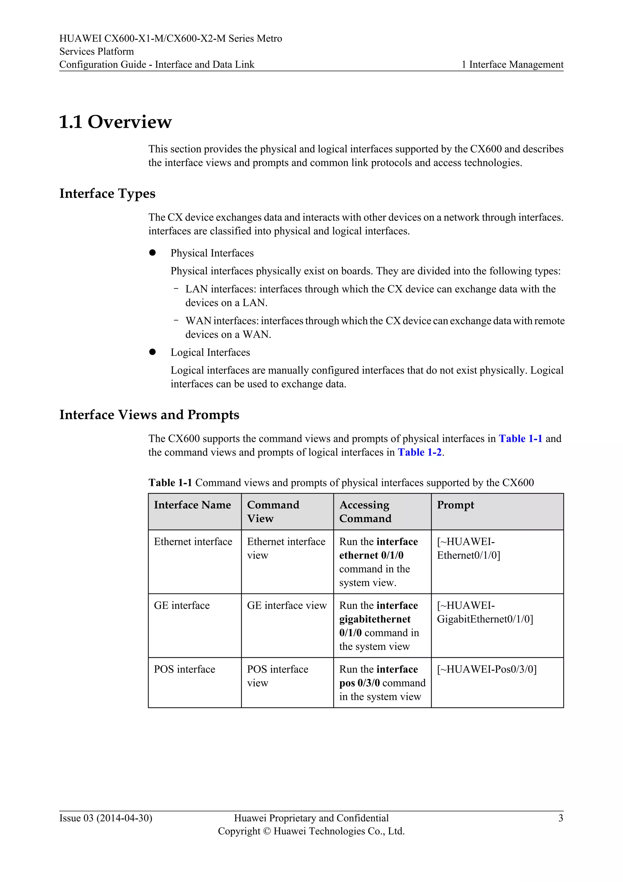 HUAWEI CX600-X1-M/CX600-X2-M Series Metro 
Services Platform 
Configuration Guide - Interface and Data Link 1 Interface Management 
1.1 Overview 
This section provides the physical and logical interfaces supported by the CX600 and describes 
the interface views and prompts and common link protocols and access technologies. 
Interface Types 
The CX device exchanges data and interacts with other devices on a network through interfaces. 
interfaces are classified into physical and logical interfaces. 
l Physical Interfaces 
Physical interfaces physically exist on boards. They are divided into the following types: 
– LAN interfaces: interfaces through which the CX device can exchange data with the 
devices on a LAN. 
– WAN interfaces: interfaces through which the CX device can exchange data with remote 
devices on a WAN. 
l Logical Interfaces 
Logical interfaces are manually configured interfaces that do not exist physically. Logical 
interfaces can be used to exchange data. 
Interface Views and Prompts 
The CX600 supports the command views and prompts of physical interfaces in Table 1-1 and 
the command views and prompts of logical interfaces in Table 1-2. 
Table 1-1 Command views and prompts of physical interfaces supported by the CX600 
Interface Name Command 
View 
Accessing 
Command 
Prompt 
Ethernet interface Ethernet interface 
view 
Run the interface 
ethernet 0/1/0 
command in the 
system view. 
[~HUAWEI-Ethernet0/ 
1/0] 
GE interface GE interface view Run the interface 
gigabitethernet 
0/1/0 command in 
the system view 
[~HUAWEI-GigabitEthernet0/ 
1/0] 
POS interface POS interface 
view 
Run the interface 
pos 0/3/0 command 
in the system view 
[~HUAWEI-Pos0/3/0] 
Issue 03 (2014-04-30) Huawei Proprietary and Confidential 
Copyright © Huawei Technologies Co., Ltd. 
3 
 