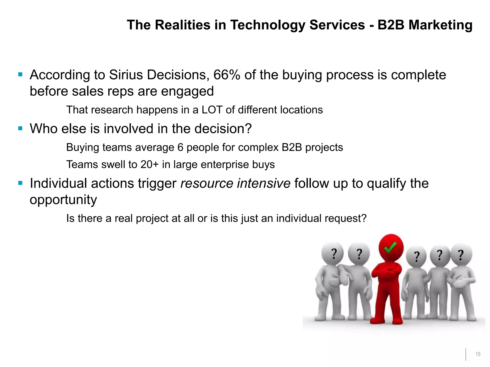 15
 According to Sirius Decisions, 66% of the buying process is complete
before sales reps are engaged
That research happens in a LOT of different locations
 Who else is involved in the decision?
Buying teams average 6 people for complex B2B projects
Teams swell to 20+ in large enterprise buys
 Individual actions trigger resource intensive follow up to qualify the
opportunity
Is there a real project at all or is this just an individual request?
The Realities in Technology Services - B2B Marketing
 