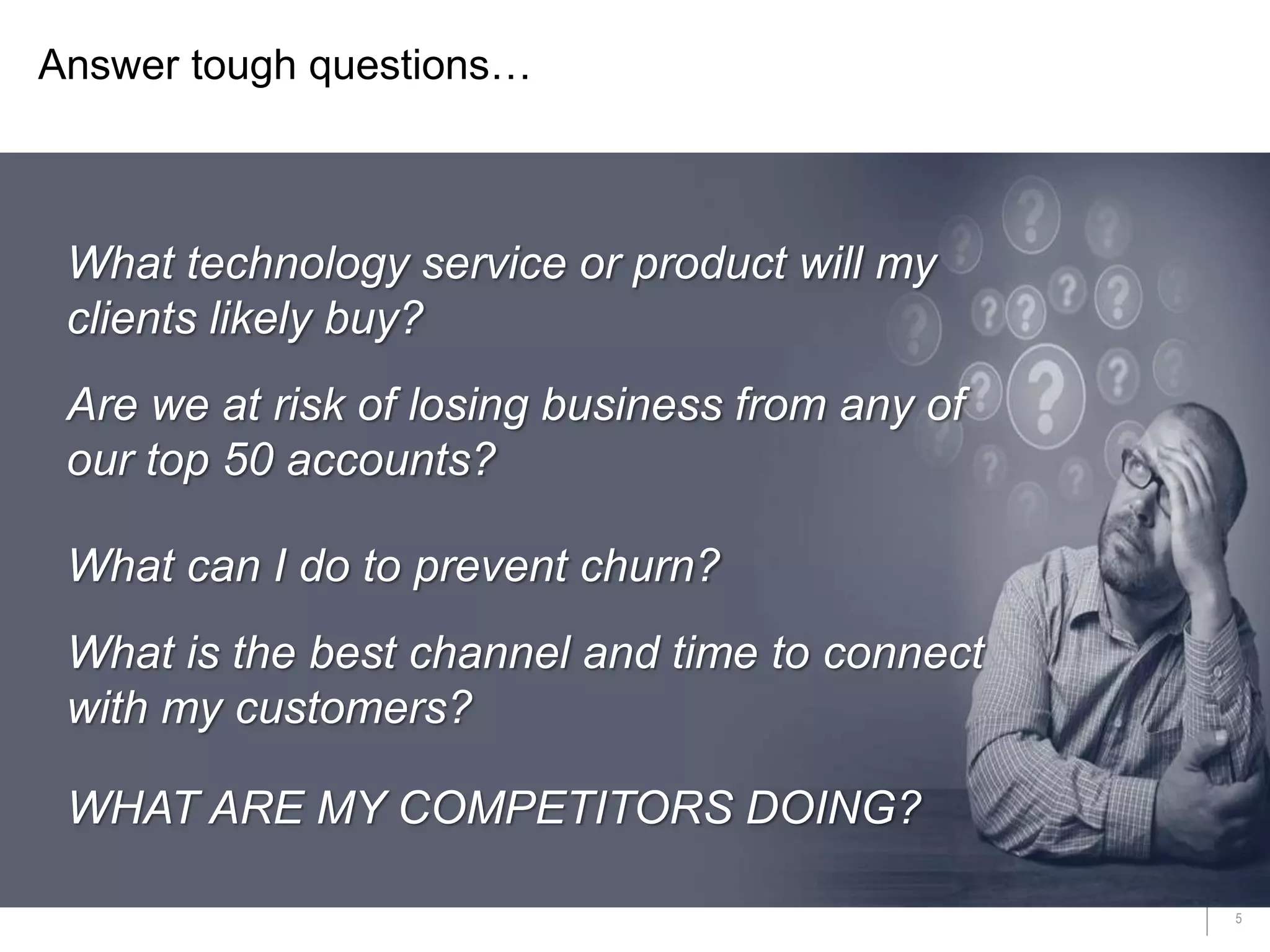 5
Are we at risk of losing business from any of
our top 50 accounts?
Answer tough questions…
What technology service or product will my
clients likely buy?
WHAT ARE MY COMPETITORS DOING?
What can I do to prevent churn?
What is the best channel and time to connect
with my customers?
 