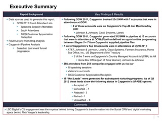16
Executive Summary
Report Background Key Findings & Results
 Data sources used to generate this report:
 OOW 2011 Event Attendee Lists:
 Speaking Session Attendees
 Booth Attendees
 BICG Customer Appreciation
Reception
 Revenue and marketing analysis
 Capgemini Pipeline Analysis
 Based on post event funnel
progression
 Following OOW 2011, Capgemini booked $24.5MM with 7 accounts that were in
attendance at OOW.
 3 of those accounts were on Capgemini’s Top 40 List Monitored by
LSC:
 Johnson & Johnson, Cisco Systems, Loews
 Following OOW 2011, Capgemini generated $128MM in pipeline at 15 accounts
that were in attendance at OOW (Pipeline defined as opportunities progressing
between Stages 3 – 7 from Capgemini supplied pipeline files
 7 out of Capgemini’s Top 40 accounts were in attendance at OOW 2011
 AT&T, Johnson & Johnson, Lowe's, Cisco Systems, Farmers Insurance, Home
Box Office, Inc., US Department of the Treasury
 2 of the 7 were on Capgemini’s Country Managed Account list (CMA) in NA
 Home Box Office (part of Time Warner), Johnson & Johnson
 366 attendees from 251 companies engaged with us via our:
 19 speaking sessions
 Visitors to our booth
 BICG Customer Appreciation Reception
 18 “Hot Leads” were generated for subsequent nurturing programs. As of Q1
2012 these leads show the following status in Capgemini’s SPADE system:
 Accepted - 7
 Converted – 1
 Rejected - 3
 Retired - 1
 Unqualified – 6
Comments
 LSC Digital’s CX engagement was the impetus behind driving Capgemini’s transformation into the Social CRM and digital marketing
space behind Rick Vargas’s leadership.
 