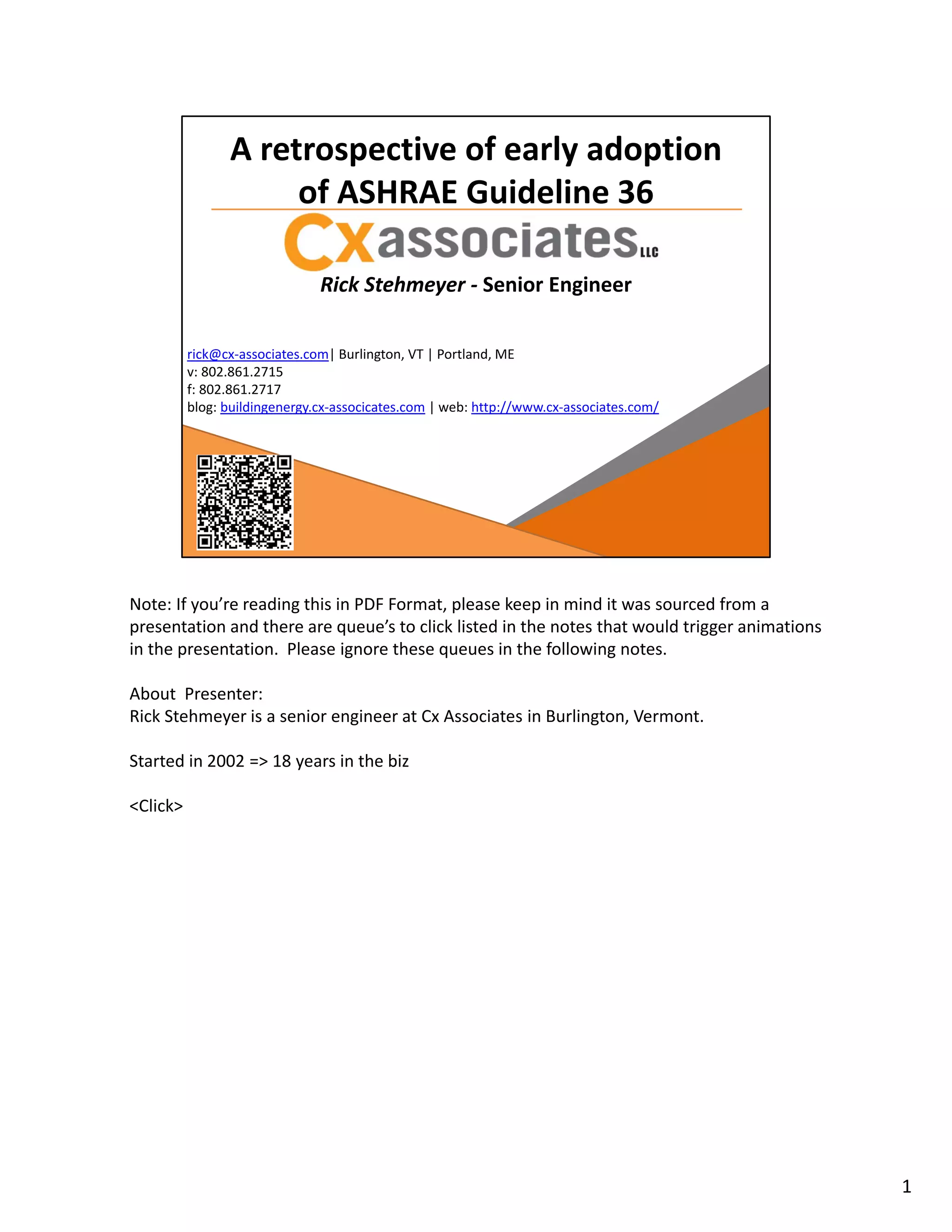 Cx Associates A Retrospective of Early Adoption of ASHRAE Guideline