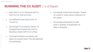 © 2015DMICONFIDENTIAL&PROPRIETARY
● Start with Y1 in X1, followed with Y2
and Y3 in X1. One at a time.
● Use different color post-its for Y1,
Y2 and Y3.
● Go through Y1 (Customer Goals), Y2
(Engagement Experience) and Y3
(Business Goals) with X’s in a flow.
● The lead facilitator can briefly talk
about Xs at each level. This will optimize
the workshop.
RUNNING THE CX AUDIT | 1-2 hours
CX AUDIT WORKSHOP
● Everybody writes their thought / belief
on a post-it, reads aloud, and puts it in
the space.
● Encourage participants to add
post-it, despite of duplication of
other’s thoughts.
 