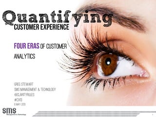 1
Quantifying
greg Stewart
SMS Management & Technology
www.smsmt.com
@clarityrules
#CX13
6 may 2013
of customer
analytics
 