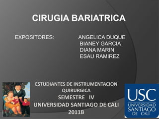 CIRUGIA BARIATRICA

EXPOSITORES:         ANGELICA DUQUE
                     BIANEY GARCIA
                     DIANA MARIN
                     ESAU RAMIREZ




      ESTUDIANTES DE INSTRUMENTACION
                QUIRURGICA
             SEMESTRE IV
     UNIVERSIDAD SANTIAGO DE CALI
                2011B
 