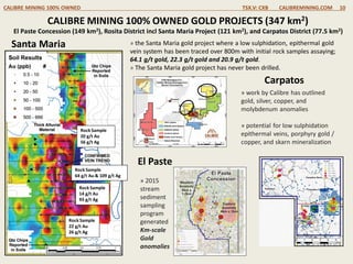 CALIBRE MINING 100% OWNED GOLD PROJECTS (347 km2)
CALIBRE MINING 100% OWNED TSX.V: CXB CALIBREMINING.COM 10
» work by Calibre has outlined
gold, silver, copper, and
molybdenum anomalies
» potential for low sulphidation
epithermal veins, porphyry gold /
copper, and skarn mineralization
Rock Sample
22 g/t Au
26 g/t Ag
Rock Sample
20 g/t Au
56 g/t Ag
Carpatos
Santa Maria » the Santa Maria gold project where a low sulphidation, epithermal gold
vein system has been traced over 800m with initial rock samples assaying;
64.1 g/t gold, 22.3 g/t gold and 20.9 g/t gold.
» The Santa Maria gold project has never been drilled.
Rock Sample
64 g/t Au & 109 g/t Ag
Rock Sample
14 g/t Au
93 g/t Ag
El Paste Concession (149 km2), Rosita District incl Santa Maria Project (121 km2), and Carpatos District (77.5 km2)
El Paste
» 2015
stream
sediment
sampling
program
generated
Km-scale
Gold
anomalies
 