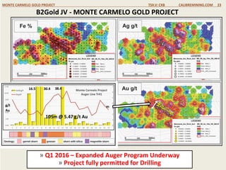 MONTE CARMELO GOLD PROJECT TSX.V: CXB CALIBREMINING.COM 23
B2Gold JV - MONTE CARMELO GOLD PROJECT
» Q1 2016 – Expanded Auger Program Underway
» Project fully permitted for Drilling
105m @ 5.47 g/t Au
16.5
g/t
Au
m
30.4 38.4
 