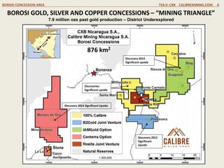 BOROSI GOLD, SILVER AND COPPER CONCESSIONS – “MINING TRIANGLE”
7.9 million ozs past gold production – District Underexplored
BOROSI CONCESSION AREA TSX.V: CXB CALIBREMINING.COM 6
Discovery 2014
Significant upside
Discoveries
Significant upside
Discovery 2014 Significant Upside
Discovery 2012
Significant
Upside
876 km2
 