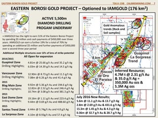 EASTERN BOROSI GOLD PROJECT – Optioned to IAMGOLD (176 km2)
EASTERN BOROSI GOLD PROJECT TSX.V: CXB CALIBREMINING.COM 7
ACTIVE 5,500m
DIAMOND DRILLING
PROGAM UNDERWAY
» IAMGOLD has the right to earn 51% of the Eastern Borosi Project
by spending $5 million and cash payments of $450,000 over three
years. IAMGOLD can earn a further 19% for a total of 70% by
spending an additional $5 million and further payments of $450,000
over a second three year period
Additional Multiple structures over 10’s of kms of strike potential
All Open for expansion
Relative scale footprint of
the 4.0M oz (past
production/current
reserves) Bonanza gold
mine located 20km west
of Guapinol
4.81m @ 25.66 g/t Au and 35.2 g/t Ag
6.03m @ 14.39 g/t Au and 14.5 g/t Ag
12.90m @ 8.73 g/t Au and 11.5 g/t Ag
7.08m @ 6.26 g/t Au and 41.4 g/t Ag
2014/2015
Guapinol Zone
Drilling Highlights;
Vancouver Zone
Drilling Highlights;
9.92m @ 5.36 g/t Au and 194.6 g/t Ag
12.82m @ 2.52 g/t Au and 246.4 g/t Ag
10.74m @ 3.08 g/t Au and 381.3 g/t Ag
19.16m @ 1.11 g/t Au and 223.4 g/t Ag
9.44m @ 0.69 g/t Au and 488.60 g/t Ag
2015
Blag Main Zone
Drilling Highlights;
2015
East Dome Zone
Drilling Highlights;
2015
Santos Trend Zone
La Sorpresa Zone
Gold Anomalous
trends (Rock and
Soil samples)
6.44m @ 5.74g/t Au and 4.8 g/t Ag
4.10m @ 8.93g/t Au and 57.4 g/t Ag
Inferred Resource;
4.7M t @ 2.31 g/t Au
& 35.0 g/t Ag =
350,000 Au ozs &
5.3M Ag ozs
July 2016 New Results;
5.6m @ 11.1 g/t Au & 13.7 g/t Ag
2.8m @ 2.69 g/t Au & 431.6 g/t Ag
15.3m @ 1.45 g/t Au & 4.3 g/t Ag
0.36m @ 32.7 g/t Au & 28.7 g/t Ag
 