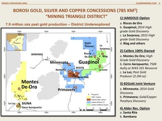 111111xplo
7.9 million ozs past gold production – District Underexplored
BOROSI CONCESSION AREA CALIBREMINING.COM 6
Blag
Riscos
De Oro
Primavera
La Luz
Cerro Aeropuerto
Montes
De Oro
Bambana La Luna
Minnesota
Santa Rita
Guapinol
SIUNA
BONANZA
ROSITA
MANAGUA
BOROSI
CONCESSIONS
La
Sorpresa
Santo
Thomas
1) IAMGOLD Option
a. Riscos de Oro
b. Guapinol; 2014 High
grade Gold Discovery
c. La Sorpresa; 2015 High
grade Gold Discovery
d. Blag and others
2) Calibre 100% Owned
a. Montes De Oro; High
Grade Gold Discovery
b. Cerro Aeropuerto; 750K
AuEq oz NI43-101 Resource
c. La Luz; Past Gold
Producer (2.2M oz)
3) B2Gold Joint Venture
a. Minnesota; 2014 Gold
Discovery
b. Primavera; Gold/Copper
Porphyry Discovery
4) Alder Res. Option
a. Santa Rita
b. Bambana
BOROSI GOLD, SILVER AND COPPER CONCESSIONS (785 KM2)
“MINING TRIANGLE DISTRICT”
 