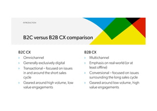 B2C CX
›  Omnichannel
›  Generally exclusively digital
›  Transactional – focused on issues
in and around the short sales
cycle
›  Geared around high volume, low
value engagements
INTRODUCTION
B2C versus B2B CX comparison
B2B CX
›  Multichannel
›  Emphasis on real-world (or at
least offline)
›  Conversional – focused on issues
surrounding the long sales cycle
›  Geared around low volume, high
value engagements
 
