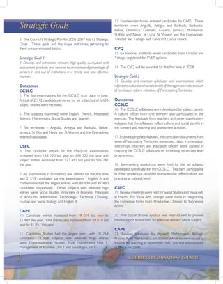 2 CARIBBEAN EXAMINATIONS COUNCIL
3. The Council’s Strategic Plan for 2005-2007 lists 13 Strategic
Goals. These goals and the major outcomes pertaining to
them are summarized below.
Strategic Goal 1
4. Develop and administer relevant, high quality curriculum and
assessment products and services to an increased percentage of
persons in and out of institutions in a timely and cost-effective
manner.
Outcomes
CCSLC
5. The first examinations for the CCSLC took place in June.
A total of 2 312 candidates entered for six subjects and 6 633
subject entries were received.
6. The subjects examined were English, French, Integrated
Science, Mathematics, Social Studies and Spanish.
7. Six territories – Anguilla, Antigua and Barbuda, Belize,
Jamaica, St Kitts and Nevis and St Vincent and the Grenadines
entered candidates.
CSEC
8. The candidate entries for the May/June examinations
increased from 138 120 last year to 138 722 this year and
subject entries increased from 522 492 last year to 535 742
this year.
9. An examination in Economics was offered for the first time
and 2 253 candidates sat this examination. English A and
Mathematics had the largest entries with 88 898 and 87 430
candidates respectively. Other subjects with relatively high
entries were Social Studies, Principles of Business, Principles
of Accounts, Information Technology, Technical Drawing,
Human and Social Biology and English B.
CAPE
10. Candidate entries increased from 19 019 last year to
21 489 this year. Unit entries also increased from 69 018 last
year to 81 852 this year.
11. Caribbean Studies had the largest entry with 10 768
candidates. Other subjects with relatively large entries
were Communication Studies, Pure Mathematics Unit 1,
Management of Business Unit 1 and Sociology Unit 1.
Strategic Goals
12. Fourteen territories entered candidates for CAPE. These
territories were Anguilla, Antigua and Barbuda, Barbados,
Belize, Dominica, Grenada, Guyana, Jamaica, Montserrat,
St Kitts and Nevis, St Lucia, St Vincent and the Grenadines,
Trinidad and Tobago and Turks and Caicos Islands.
CVQ
13. Six hundred and thirty-seven candidates from Trinidad and
Tobago registered for TVET options.
14. The CVQ will be awarded for the first time in 2008.
Strategic Goal 2
15. Develop and maintain syllabuses and examinations which
reflecttheculturalandsocialidentityoftheregionandtakeaccount
of curriculum reform initiatives of Participating Territories.
Outcomes
CCSLC
16. The CCSLC syllabuses were developed by subject panels.
A culture officer from one territory also participated in the
exercise. The feedback from teachers and other stakeholders
indicates that the syllabuses reflect culture and social identity in
the content and teaching and assessment activities.
17.Indevelopingthesyllabuses,thecurriculumdocumentsfrom
several Participating Territories were used. Also, in orientation
workshops, teachers and education officers were assisted in
mapping the CCSLC syllabuses on to existing secondary level
programmes.
18. Item-writing workshops were held for the six subjects
developed specifically for the CCSLC. Teachers participating
in these workshops provided examples that reflect culture and
practices at national level.
CSEC
19. Review meetings were held for Social Studies and Visual Arts
in March. For Visual Arts, changes were made in categorizing
the Expressive forms from ‘Production Options’ to ‘Expressive
Forms’.
20. The Social Studies syllabus was restructured to provide
more support to teachers for effective delivery of the subject.
CAPE
21. Revised syllabuses for Applied Mathematics, Biology,
Physics, Pure Mathematics and Statistical Analysis were issued to
schools for teaching in September 2007 and first examinations
in May/June 2008.
 