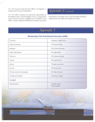 91ANNUAL REPORT 2007
Appendix 4 (continued)
382. The Council’s Chief Executive Officer, the Registrar, is
located at the Council’s Headquarters.
383. The office in Jamaica has operational responsibility for
the Western Zone. The Pro-Registrar who is in charge of this
centre exercises functions delegated to the Western Zone
Office in matters relating to all National Committees, the School
Examinations Committee and its Sub-Committee (SUBSEC),
subject panels, and syllabus formulation and review.
Membership of the Final Awards Committee (FAC)
Appendix 5
Chairman Professor E Nigel Harris
Deputy Chairman Mr Osmond Petty
Barbados Mrs Coreen Kennedy
British Virgin Islands Mr Angel Smith
Dominica Ms Catherine Daniel
Guyana Mrs Juliet Persico
Jamaica Mr Jasper Lawrence
St Lucia Mr Rowan Seon
St Vincent and the Grenadines Mr Hilton Browne
Trinidad and Tobago Dr Bernard Tappin
Co-opted
Past Chairmen Sir Keith Hunte
Sir Roy Augier
 