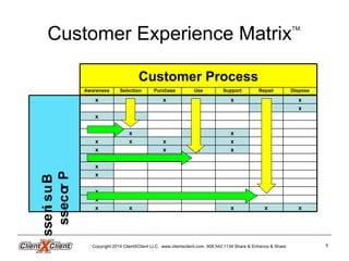 Copyright 2014 ClientXClient LLC. www.clientxclient.com. 908.542.1134 Share & Enhance & Share 5
Customer Experience MatrixTM:
Repair DisposeSelection SupportUsePurchaseAwareness
Customer Process
x
x
x
xxxx
x
x
x
x
x
xxxx
xxxxx
xxx
xx
x
xx xxxx
Business
Process
 