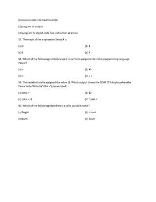 (b) source code intomachine code
(c)programto output
(d) program to objectcode one instructionata time
57. The resultof the expression3mod4 is
(a) 0 (b) 1
(c)3 (d) 4
58. Whichof the followingsymbolsisusedtoperformassignmentsinthe programminglanguage
Pascal?
(a) = (b) 
(c):= (d) = =
59. The variable total isassignedthe value 12.Which outputshowsthe CORRECT displaywhenthe
Pascal code Writeln(‘total =’);isexecuted?
(a) total = (b) 12
(c) total =12 (d) ‘total =’
60. Whichof the followingidentifiersisavalidvariable name?
(a) Begin (b) icount
(c)Num1 (d) 5sum
 