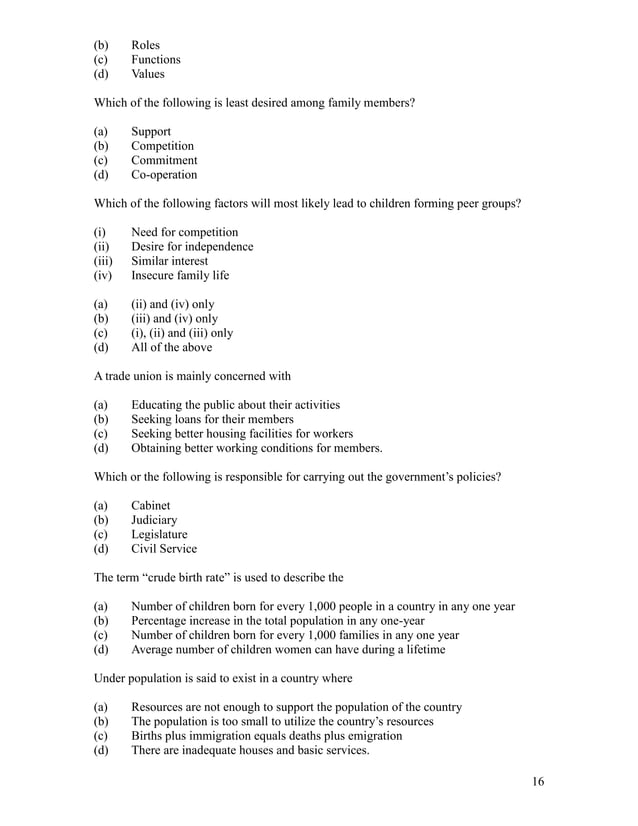 Cxc past papers for social studies with multiple choice questions