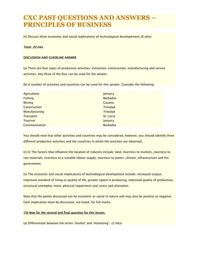 Cxc past questions and answers – principles of business | PDF ...