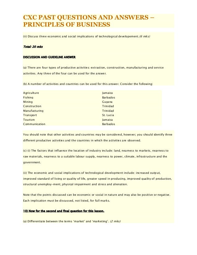 cxc past questions and answers principles of business