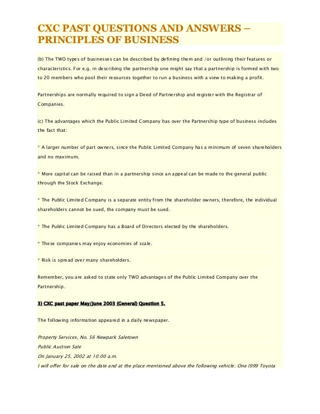 cxc past questions and answers principles of business
