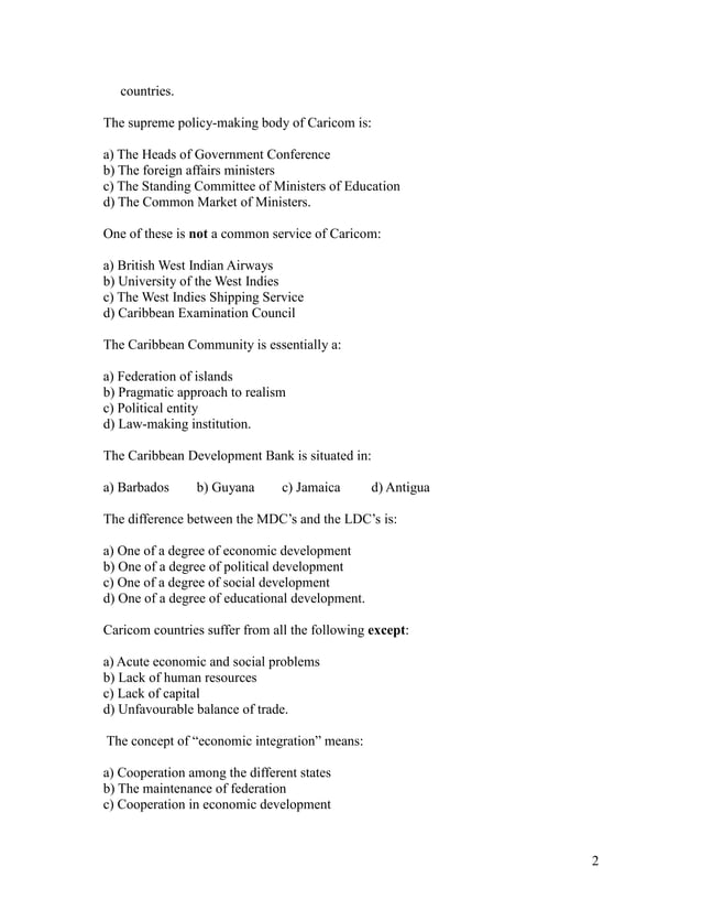 Cxc Social Studies Multiple Choice Questions PDF