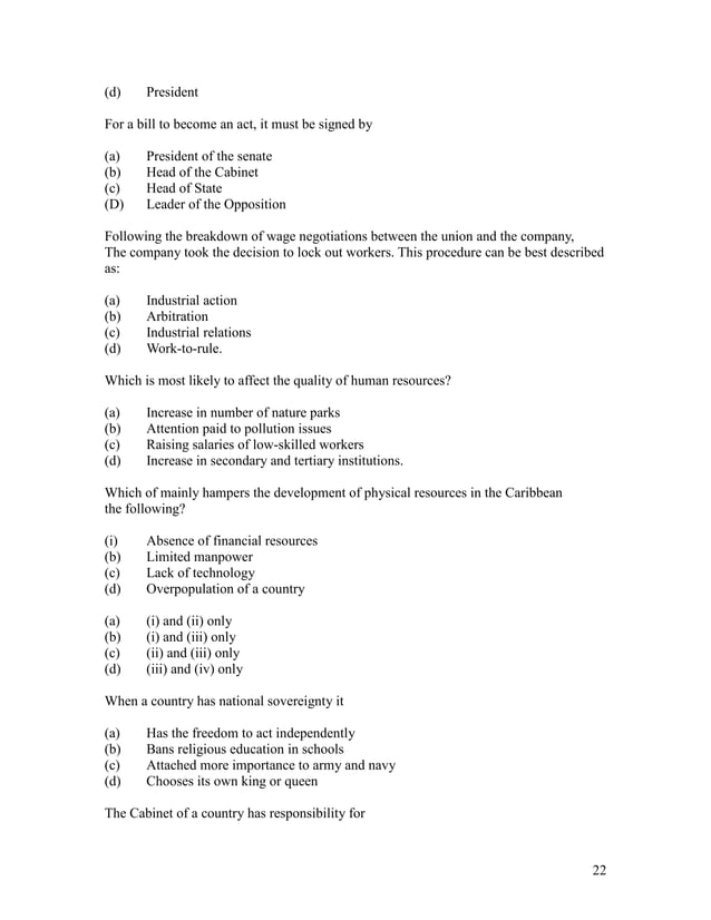 Cxc Social Studies Multiple Choice Questions PDF