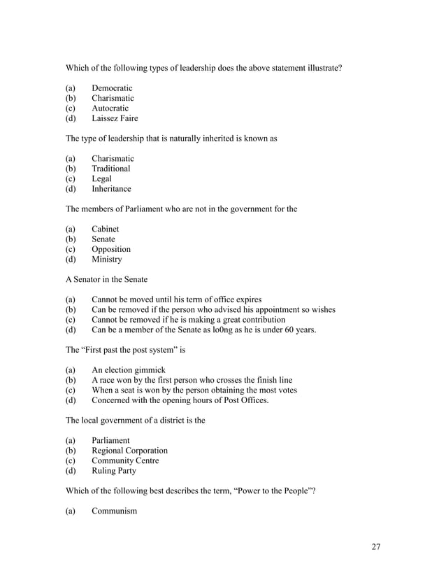 Cxc Social Studies Multiple Choice Questions PDF