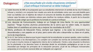 1 Isabel docente de EBR se ha propuesto que sus estudiantes interioricen el sentido de las tres R (reducir,
rehusar y reciclar) y en conjunto han creado una serie de actividades como usar una sola botella para
traer sus bebidas con el objetivo de reducir el consumo de botellas de plástico desechables, también
colocar cajas forradas con distintos colores para clasificar los residuos sólidos. A partir de la situación
descrita se pode colegir que la profesora ha tomado en cuenta el enfoque
2 Luis, docente de Comunicación, trabaja en un Colegio de Lima Norte. En una oportunidad
expresó: ”Tengo muchos alumnos provenientes de la sierra que no saben nada, ni siquiera
hablan bien el castellano así como voy a mejorar los resultados de la ECE”.
3 María, profesora de Educación Física, siempre que ingresa a las aulas las encuentra muy
desordenadas y con papeles en el piso; pero como ella sale a desarrollar su clase en el patio,
no le da importancia.
4 En la I.E. San Carlos se observa que la gran mayoría de los estudiantes se ponen apodos, sobre nombres,
son intolerantes a las discrepancias y no cumplen con cumplen las normas de convivencia establecido
en el aula ni mucho menos el reglamente interno de la institución. Frente a esta situación la directora
les ha planteado a los docentes hacer el abordaje desde las actividades pedagógicas ya que es una
necesidad que denigra los principios de la educación peruana: ¿Cuál de los enfoques transversales
propuestas en el currículo nacional debe ser trabajado con urgencia?
Dialogamos: ¿Has escuchado y/o vivido situaciones similares?
¿Qué enfoque transversal se debe trabajar?
 