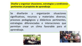 Se diseñarán y organizarán situaciones
significativas, recursos y materiales diversos,
procesos pedagógicos y didácticos pertinentes,
estrategias diferenciadas e interacciones que
permitan crear un clima favorable para el
aprendizaje.
Diseñar y organizar situaciones, estrategias y condiciones
pertinentes al propósito de aprendizaje
 