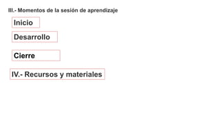III.- Momentos de la sesión de aprendizaje
Inicio
Desarrollo
Cierre
IV.- Recursos y materiales
 
