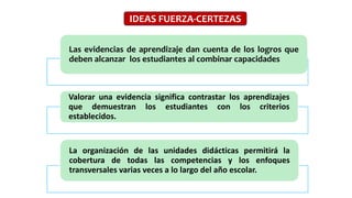 Las evidencias de aprendizaje dan cuenta de los logros que
deben alcanzar los estudiantes al combinar capacidades
Valorar una evidencia significa contrastar los aprendizajes
que demuestran los estudiantes con los criterios
establecidos.
La organización de las unidades didácticas permitirá la
cobertura de todas las competencias y los enfoques
transversales varias veces a lo largo del año escolar.
IDEAS FUERZA-CERTEZAS
 