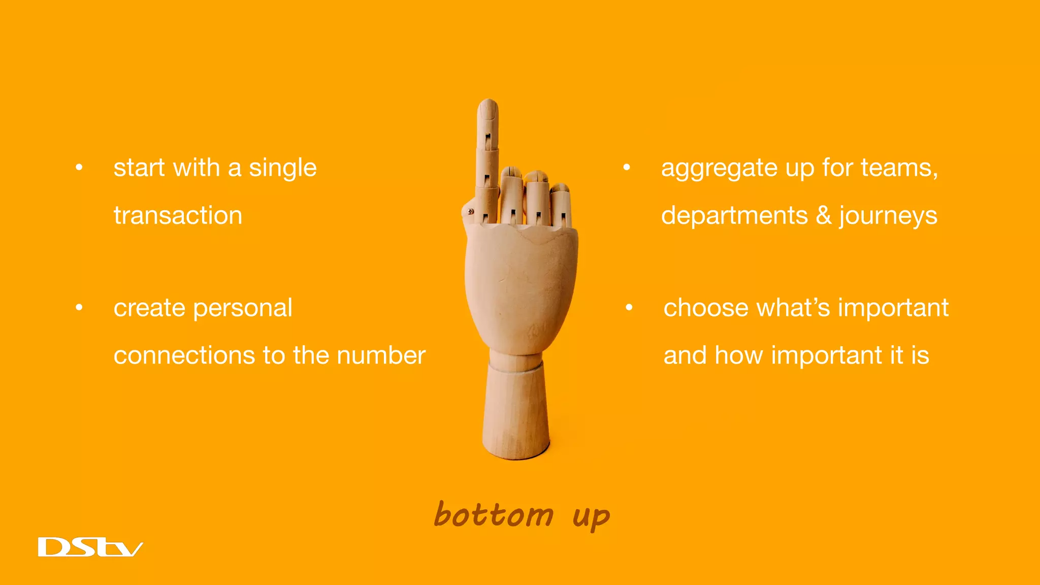 bottom up
• start with a single
transaction
• aggregate up for teams,
departments & journeys
• create personal
connections to the number
• choose what’s important
and how important it is
 
