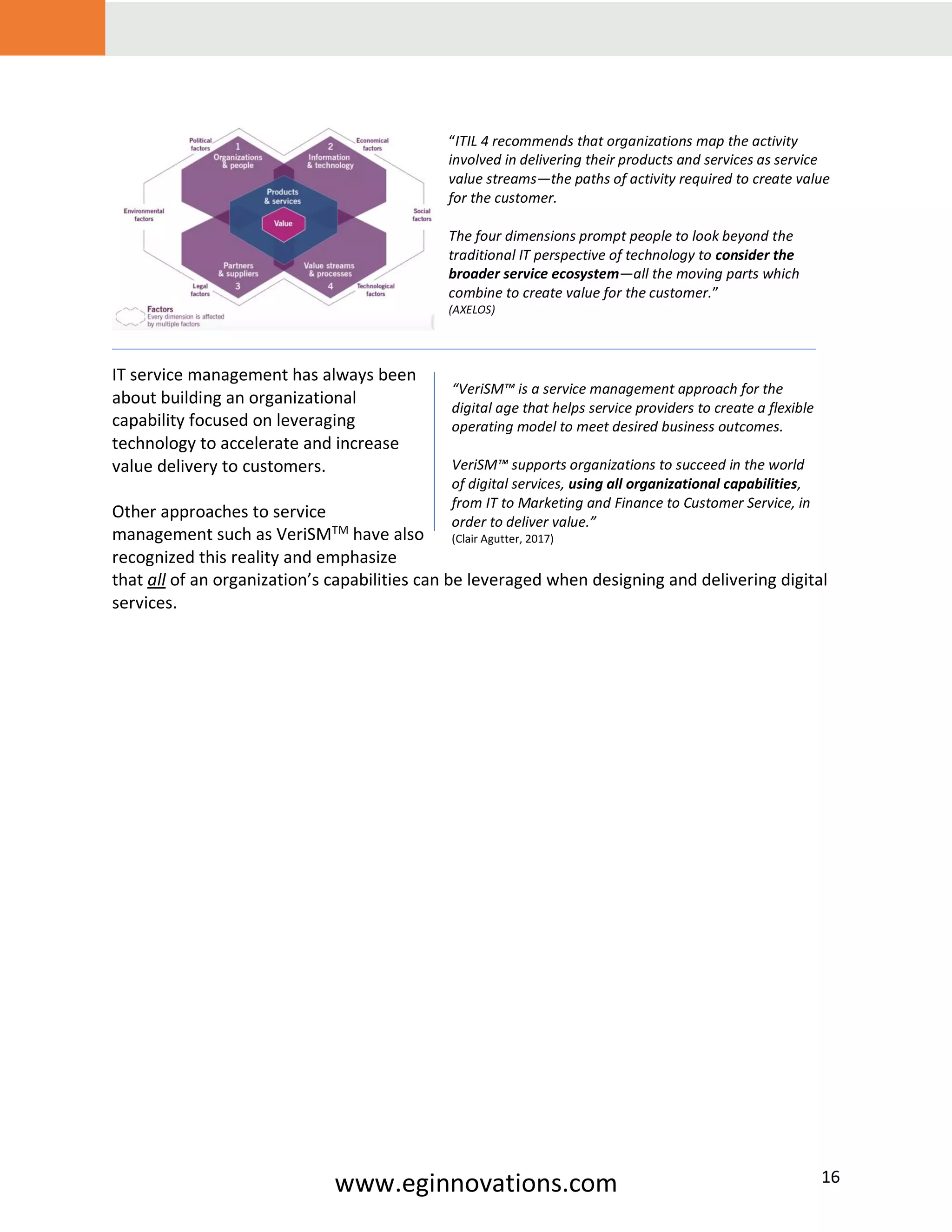 www.eginnovations.com 16
“ITIL 4 recommends that organizations map the activity
involved in delivering their products and services as service
value streams—the paths of activity required to create value
for the customer.
The four dimensions prompt people to look beyond the
traditional IT perspective of technology to consider the
broader service ecosystem—all the moving parts which
combine to create value for the customer.”
(AXELOS)
IT service management has always been
about building an organizational
capability focused on leveraging
technology to accelerate and increase
value delivery to customers.
Other approaches to service
management such as VeriSMTM
have also
recognized this reality and emphasize
that all of an organization’s capabilities can be leveraged when designing and delivering digital
services.
“VeriSM™ is a service management approach for the
digital age that helps service providers to create a flexible
operating model to meet desired business outcomes.
VeriSM™ supports organizations to succeed in the world
of digital services, using all organizational capabilities,
from IT to Marketing and Finance to Customer Service, in
order to deliver value.”
(Clair Agutter, 2017)
 
