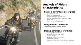 Analysis of Riders
characteristics
Passion, adventure description
go out for a joyride
the device is wonderful
records bea...